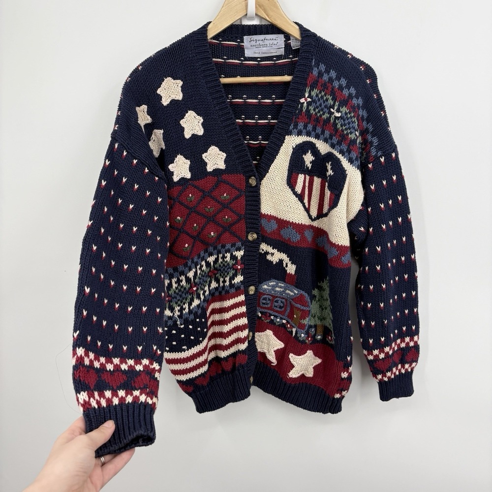 Vintage Northern Isles Hand Knit Sweater XLarge USA Patchwork 90s American Flag